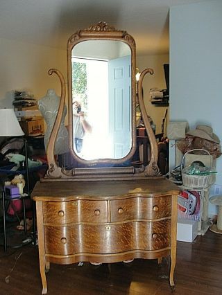 CIRCA 1800 ' s Antique Serpentine Solid Tiger Oak Swing Mirror Dresser Chest 2