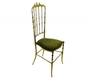 Mid Century Chiavari Chair Brass Hollywood Regency Italian Green Fabric Ornate
