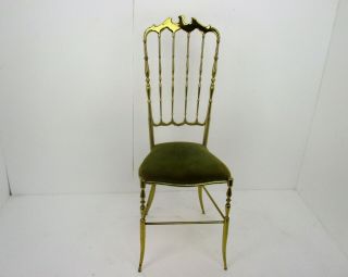 Mid Century Chiavari Chair Brass Hollywood Regency Italian Green Fabric Ornate 2