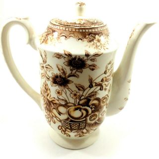 Vintage Floral Teapot/coffee Pot W/lid Brown Flowers And Fruit Porcelain Signed