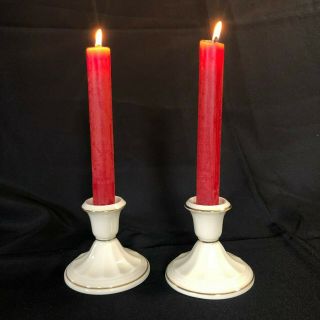 Set Of 2 Lenox Candlestick Candle Holders 24k Gold Trim 3.  5 " H,  Ivory Ribbed