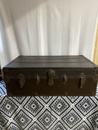 Antique Flat Top Steamer Trunk Stagecoach Chest With Inserts Vintage