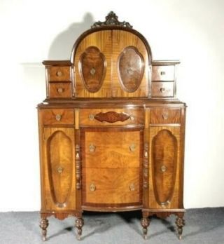 Antique Regency Burl Veneer Marquetry Buffet/ Highboy Dresser