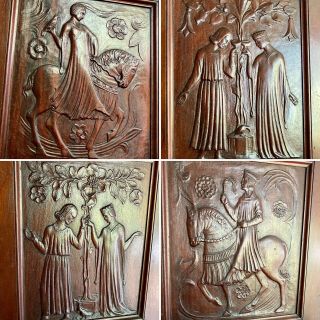 Set Of 4 Antique English Arts & Crafts Arthurian Legend Theme Wood Cabinet Doors