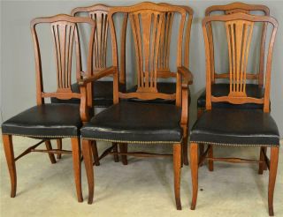 17716 Set Of 6 Oak Dining Chairs With Leather Seats
