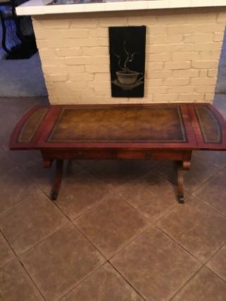 (vintage) Regency Mahogany,  Drop Leaf Coffee Table With Leather Top.