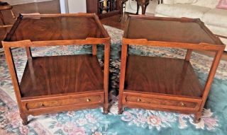 Baker Milling Road Mahogany Side Tables w/ Shelf and Drawer 2