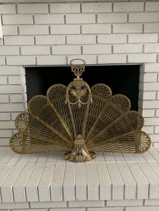 Vintage Peacock Brass Fan Style Cameo - Fireplace Folding Screen - 37”x25 - Perfect