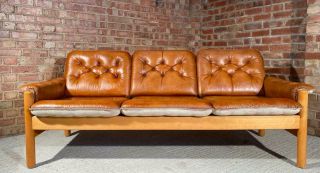 Retro Danish 1970 Three Seater Hand Dyed Tan Coloured Leather And Canvas Sofa