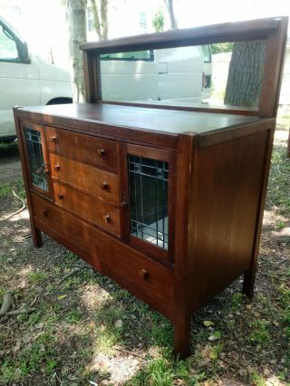 Stickley style Antique Mission/Arts and Crafts Style Oak Sideboard leaded glass 3