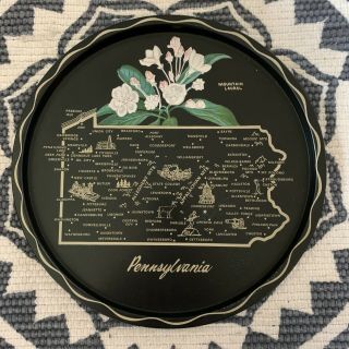 Vintage Metal Souvenir Tray State Of Pennsylvania Map Flower Mountain Laurel 70s