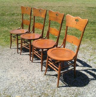 Antique Set of 4 Oak Dining Room Chairs with Tiger Oak Round Seats 1910s Era 2