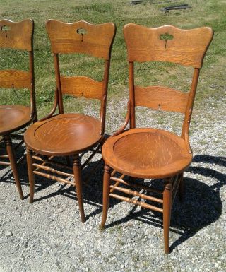 Antique Set of 4 Oak Dining Room Chairs with Tiger Oak Round Seats 1910s Era 3