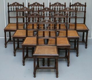 Set Of 10 Victorian Carved Oak Dining Chairs With Berger Rattan Seats