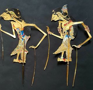 2 x Large Antique Vintage Java Indonesian Wayang Shadow Theatre Stick Puppets 3