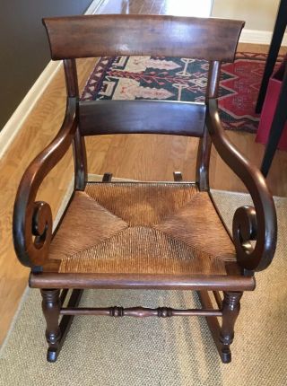 Antique Empire Mahogany Rocking Chair With Rush Seat -