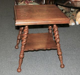 Antique English Oak Barley Twist Side Table Parlor Stand With Lower Shelf
