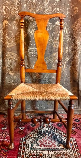 18th Century Connecticut Country Queen Anne Maple Side Chair With Rush Seat