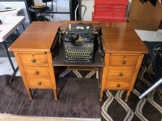 Antique Hide - Away Flip Top Solid Oak Desk With Royal Typewriter.