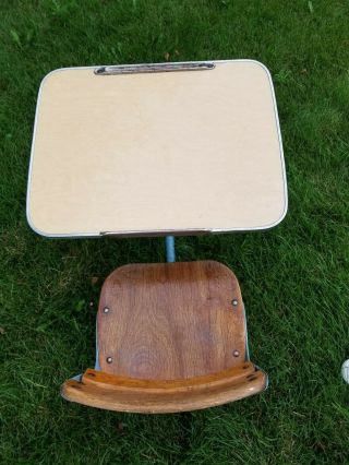 Vintage Child ' s School Desk Attached Wood Chair - Metal Light Blue Base 2