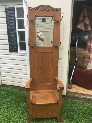 Antique Oak Hall Tree With Beveled Mirror 6 