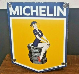Vintage Michelin Tires Porcelain Gas Auto Pin Up Girl Service Pump Plate Sign