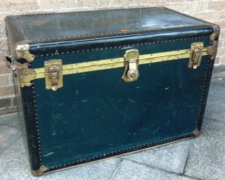 Vintage Brass Bound Travelling / Steamer Trunk Vulcanised Trunk Toy Box