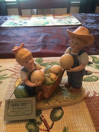 1985 Homco Denim Days Figurines " The Melon Patch " 1512 With Tag