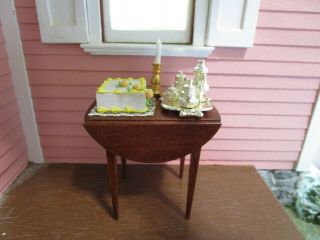 Dollhouse Side Table Drop Leaf With Cake,  Teaset,  Candle Accent 1:12 2 1/2 "
