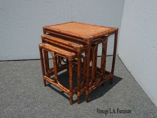 Set Of Three Vintage French Bamboo Rattan Tiki Palm Beach Style Nesting Table
