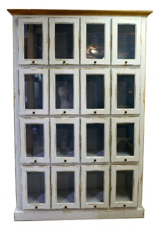 Vintage 16 Drawer Pattern Cabinet - Apothecary Glass Front Doors,  Painted Blue