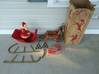 Vintage Christmas Blow Mold Montgomery Ward Santa In Sleigh And Reindeer Set
