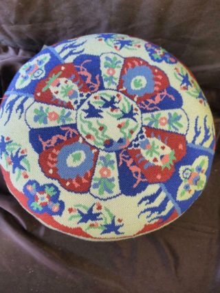 Old Vintage Carved Wood Wooden Footstool Foot Stool Round Asian Needlepoint Top