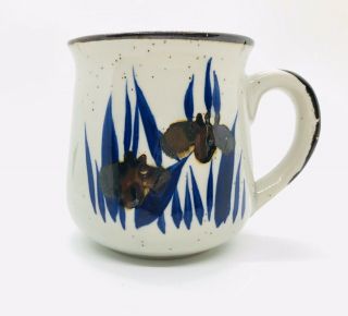 Vintage Hand Painted Brown & Cobalt Floral Speckled Stoneware Coffee Mug Euc