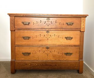 Antique Oak 3 - Drawer Dresser Chest Of Drawers Eastlake
