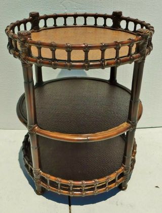 Vintage Mcguire Round Leather Wrapped Rattan Wicker 3 Tier Side/end Accent Table