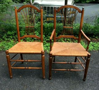 Pair Vintage French Provincial Cherry Wood Wheat Back Rush Seat Chairs - Rare