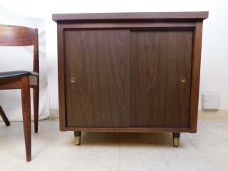 C1969 Mid Century Modern Office Burl Walnut Sliding Doors Record Cabinet Table