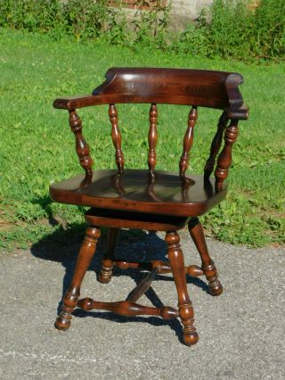 Vintage 1970s Ethan Allen Old Tavern Pine Swivel Barrel Captain Arm Desk Chair