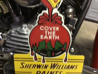 RARE VINTAGE PORCELAIN DIE CUT SHERWIN - WILLIAMS COVER THE EARTH PAINT Door Sign 2