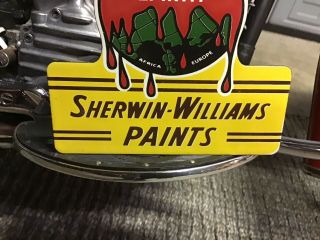 RARE VINTAGE PORCELAIN DIE CUT SHERWIN - WILLIAMS COVER THE EARTH PAINT Door Sign 3