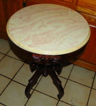 Round Mahogany Carved Marble Top Table (t92)
