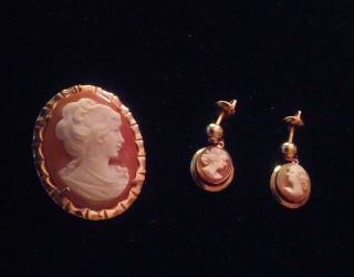 Vintage 14kt Yellow Gold Cameo Brooch Pin Or Pendant & 14k Matching Earrings