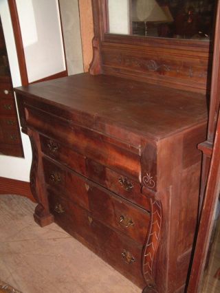 Primitive Antique 1800 ' s Large 7 Ft.  Walnut Dresser with Mirror,  Carved 2