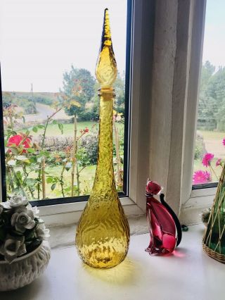 Yellow Amber Vintage Mcm Italian Empoli Genie Bottle Decanter Glass Crinkly