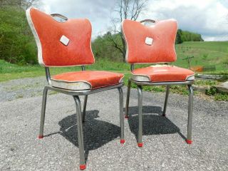 Pair Vintage Retro 1950s Red White Crackle Butterfly Chrome Kitchen Chairs