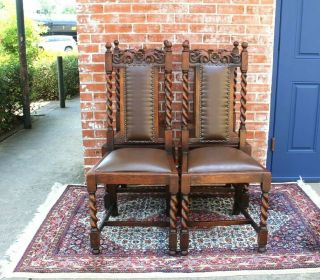 English Antique Oak Upholstered Set Of 4 Barley Twist Dining Chairs