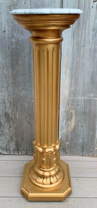 Antique French Marble Top Carved Gilt Wood Fluted Pedetal 37 " Plant Stand 1920