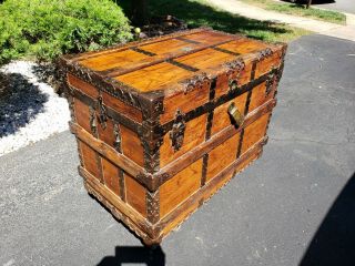 American Antique Steamer Trunk By A.  E.  Meek Co.  With Embossed Metal Trim.
