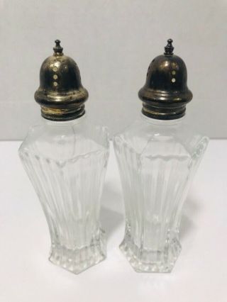 Set Of 2 Vintage Large Clear Glass Salt And Pepper Shakers Ornate Metal Caps
